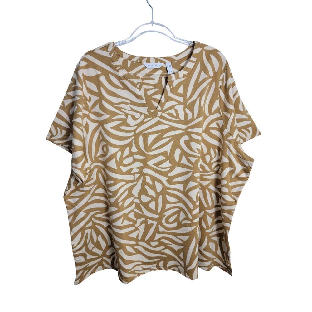Sport Savvy Womens 3X T-Shirt Tan Abstract Split Neck Short Sleeve Casual Top